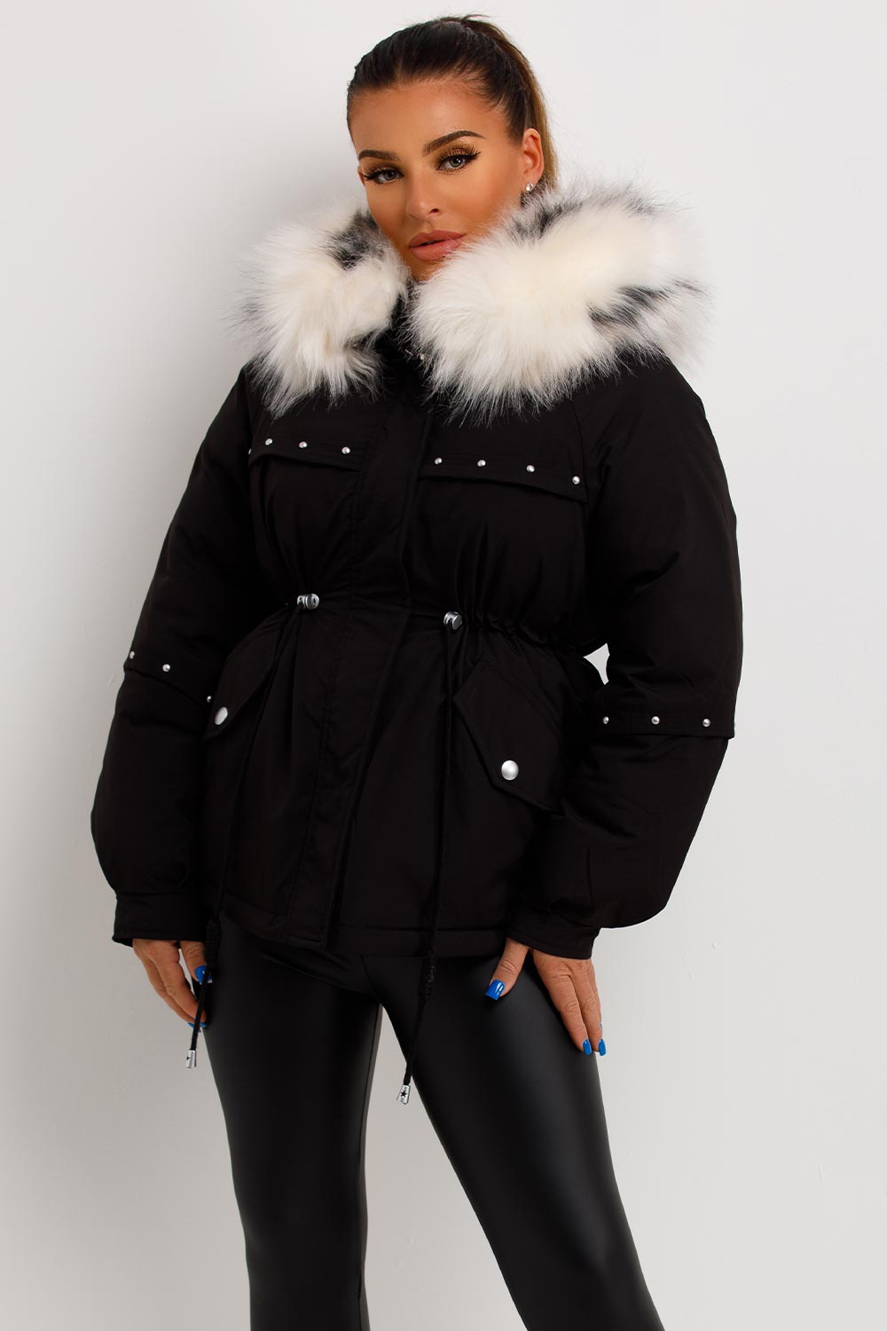 Janelle | Women’s faux fur hood coat with stud detail