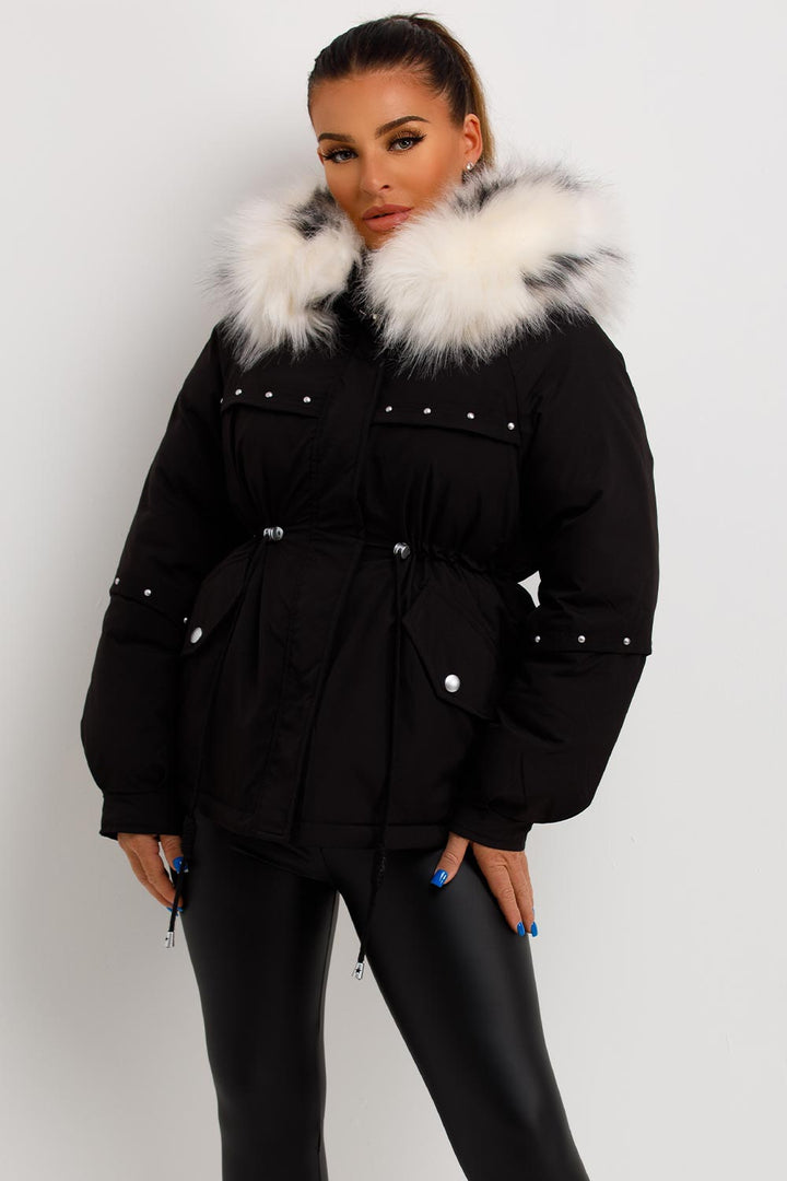Janelle | Women’s faux fur hood coat with stud detail