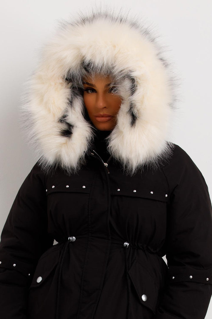 Janelle | Women’s faux fur hood coat with stud detail