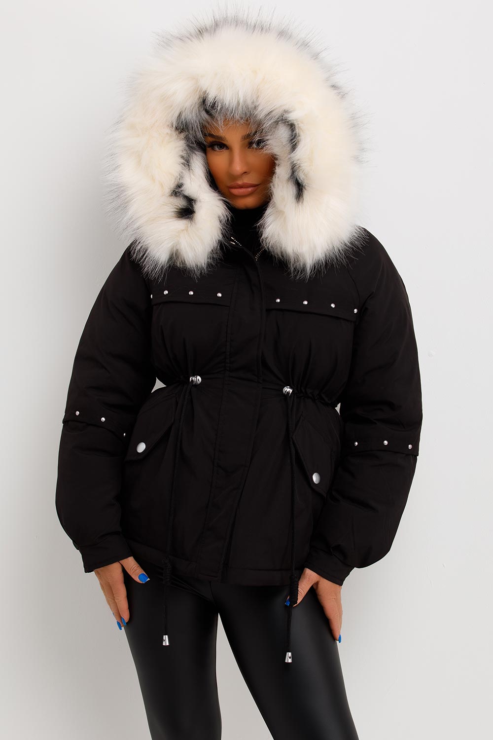 Janelle | Women’s faux fur hood coat with stud detail