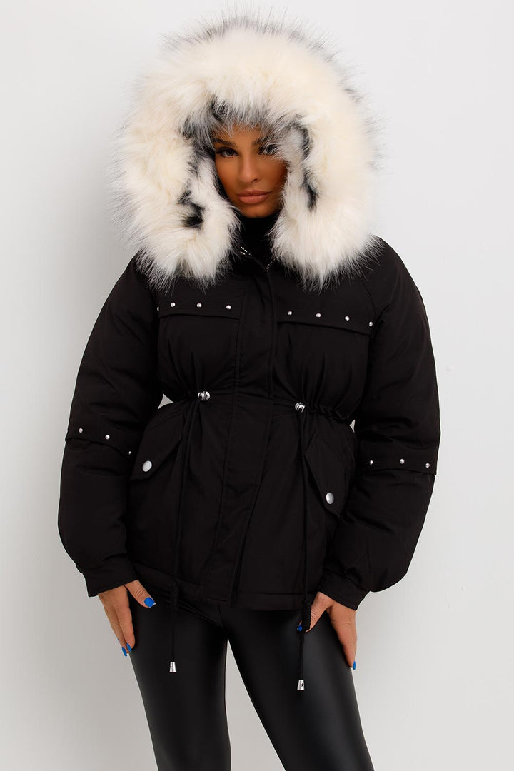 Janelle | Women’s faux fur hood coat with stud detail