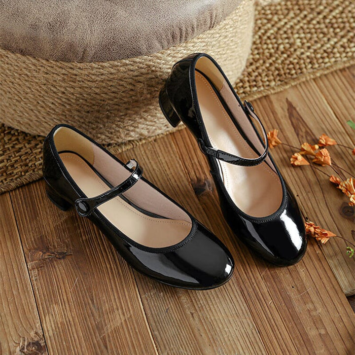 Anika | Women's glossy buckle block heel sandals with rounded shape