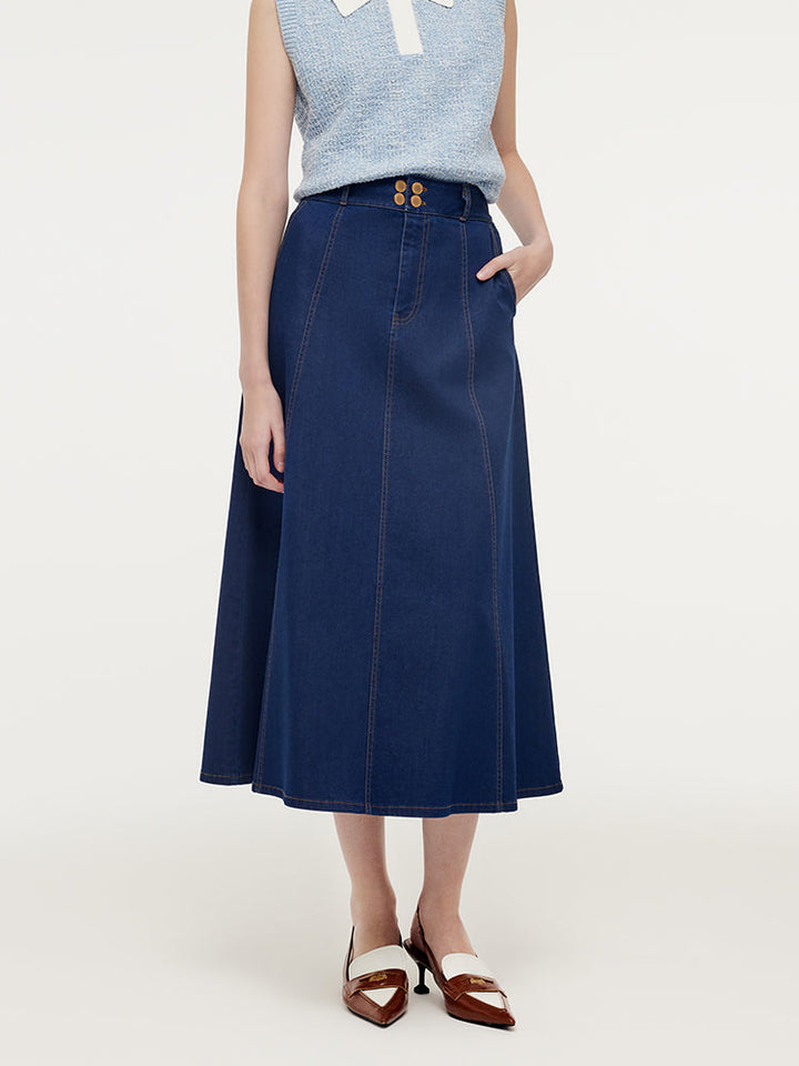 Nyla | Women’s adjustable high-waisted A-line denim midi skirt