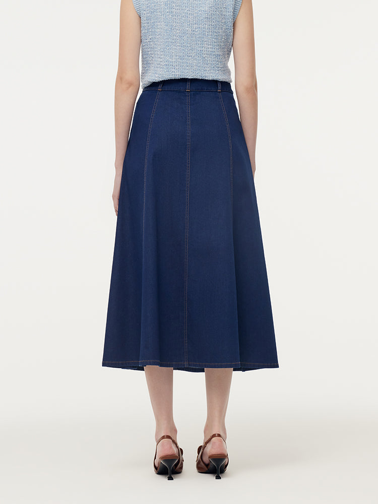 Nyla | Women’s adjustable high-waisted A-line denim midi skirt
