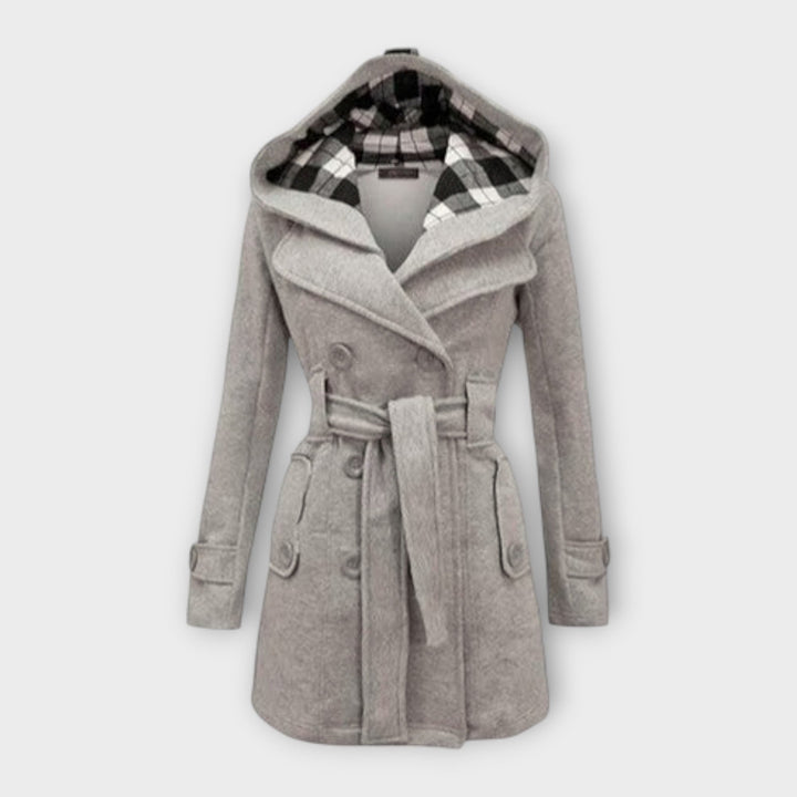 Yusra | Women’s belted wool blend coat with check-pattern hood