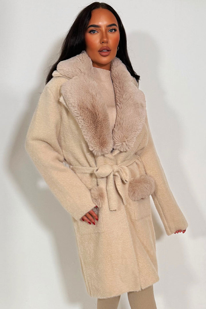Alayna | Women’s belted coat with faux fur collar and cuffs