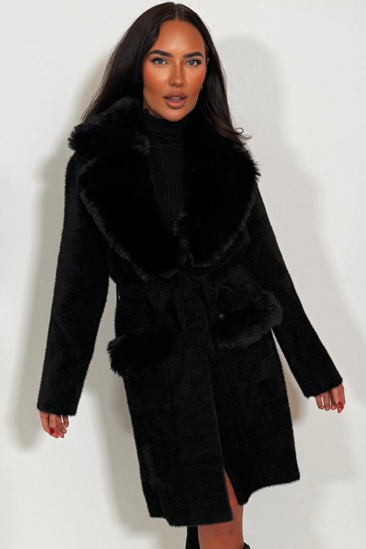 Angelina | Women’s black belted coat with faux fur collar