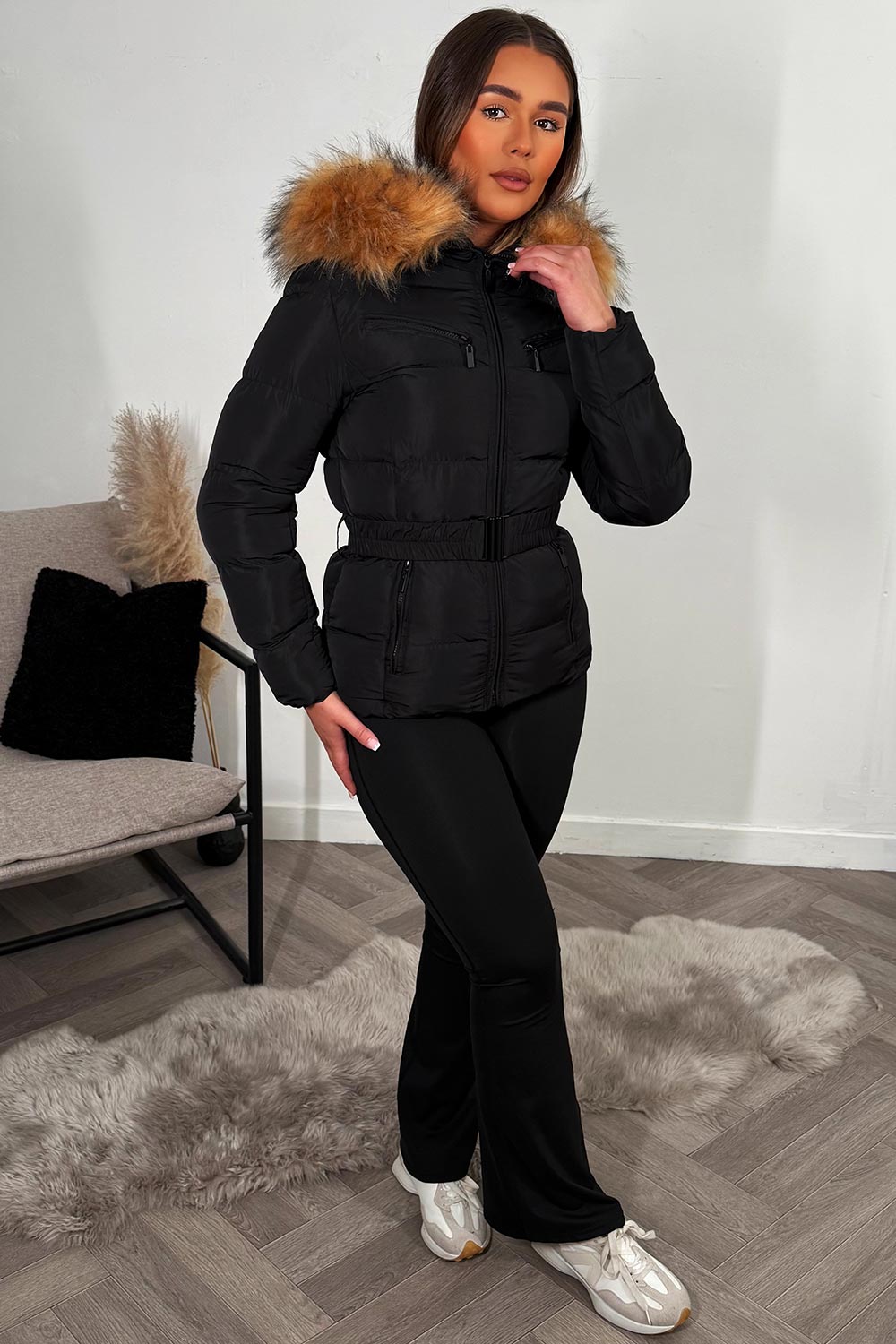 Lucille | Women’s belted faux fur hooded puffer jacket
