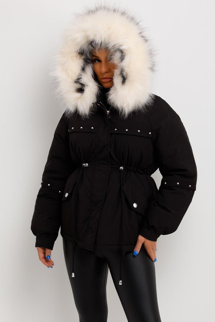 Janelle | Women’s faux fur hood coat with stud detail