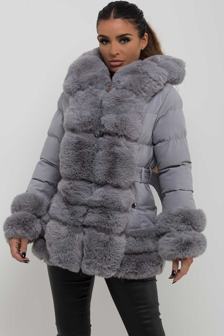 Chana | Women’s faux fur trim hooded puffer jacket with belt