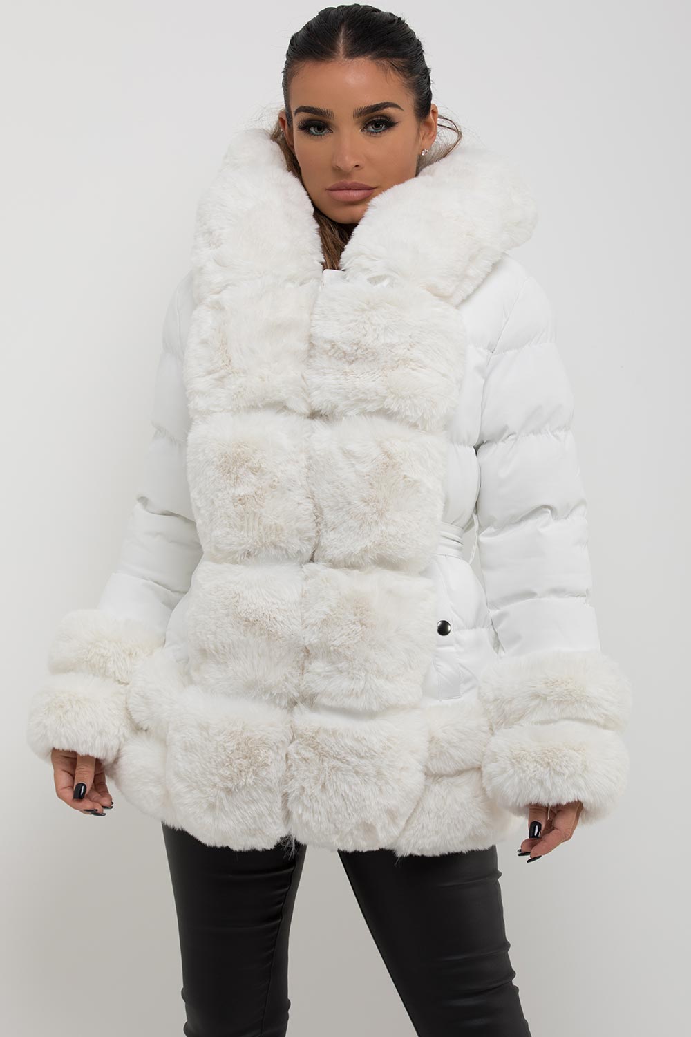 Marigold | Women’s faux fur trim hooded puffer jacket with belt