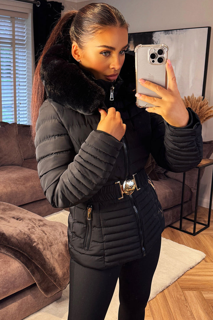 Ariel | Women’s faux fur hooded puffer jacket with gold belt