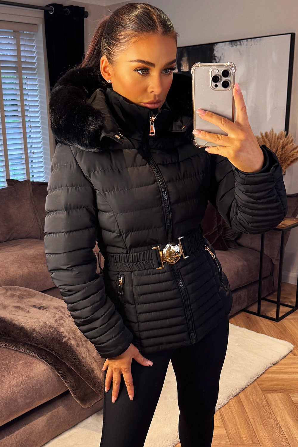 Ariel | Women’s faux fur hooded puffer jacket with gold belt