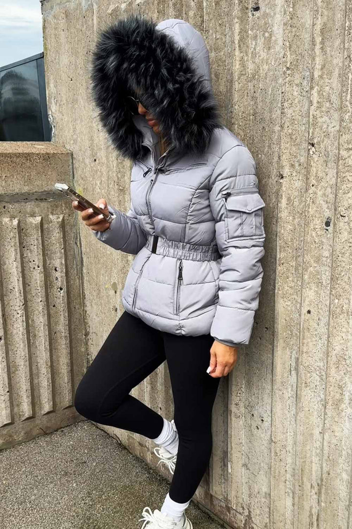 Cassidy | Women’s belted puffer jacket with detachable faux fur hood