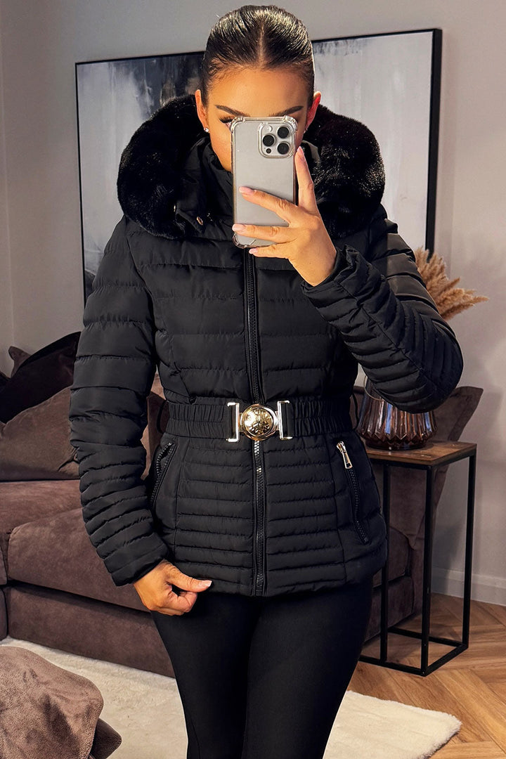 Ariel | Women’s faux fur hooded puffer jacket with gold belt