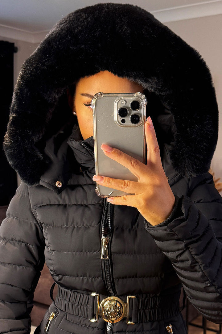 Ariel | Women’s faux fur hooded puffer jacket with gold belt