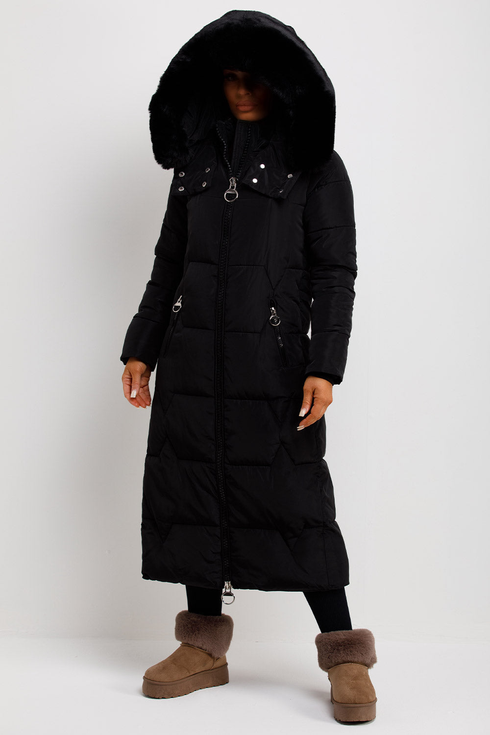 Maci | Women’s longline puffer coat with oversized faux fur hood