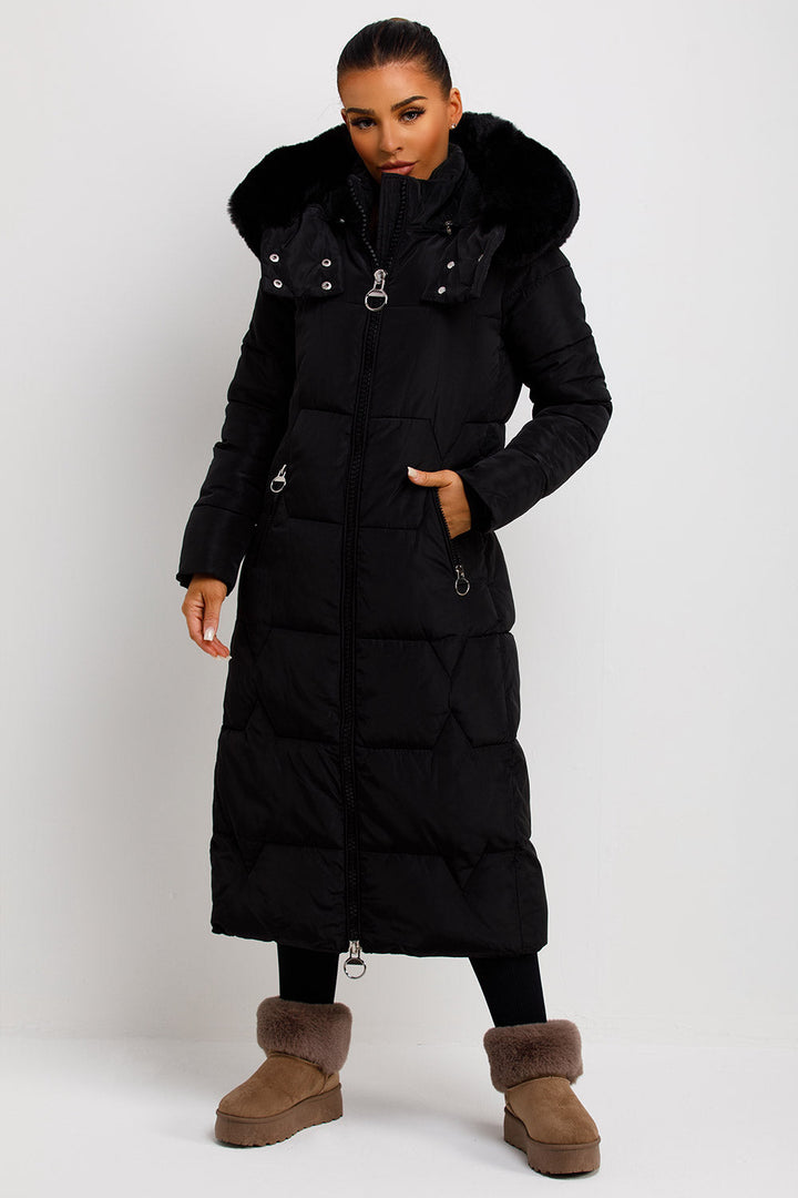 Maci | Women’s longline puffer coat with oversized faux fur hood