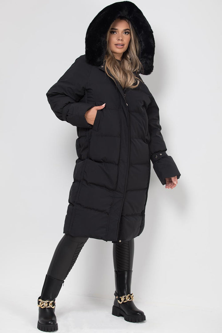 Flora | Women’s longline faux fur hood puffer coat