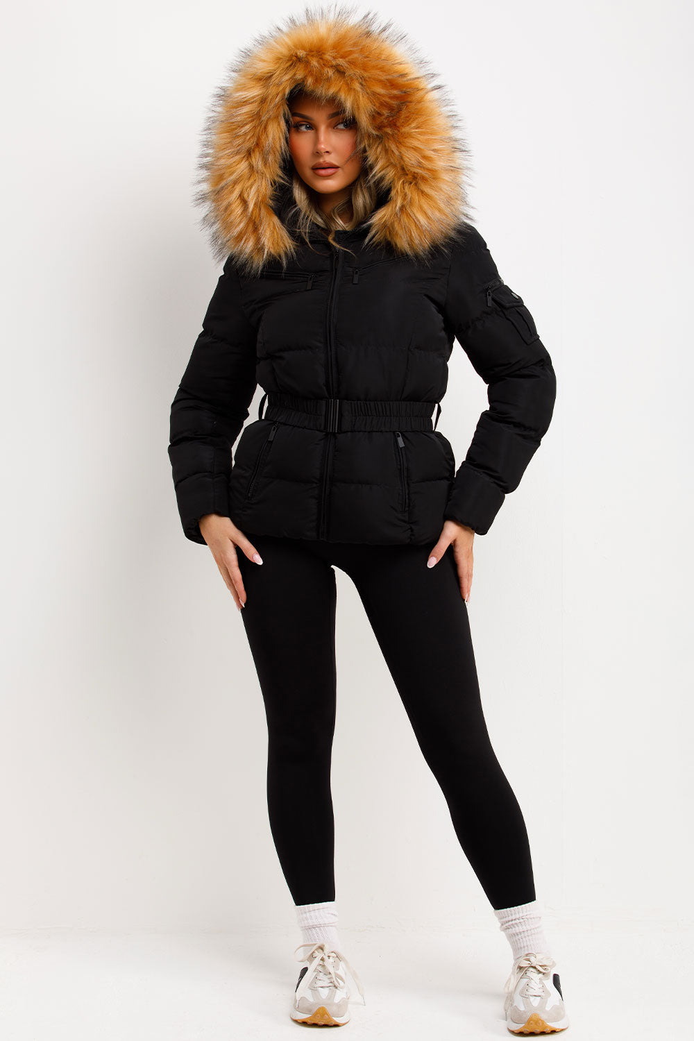 Lucille | Women’s belted faux fur hooded puffer jacket