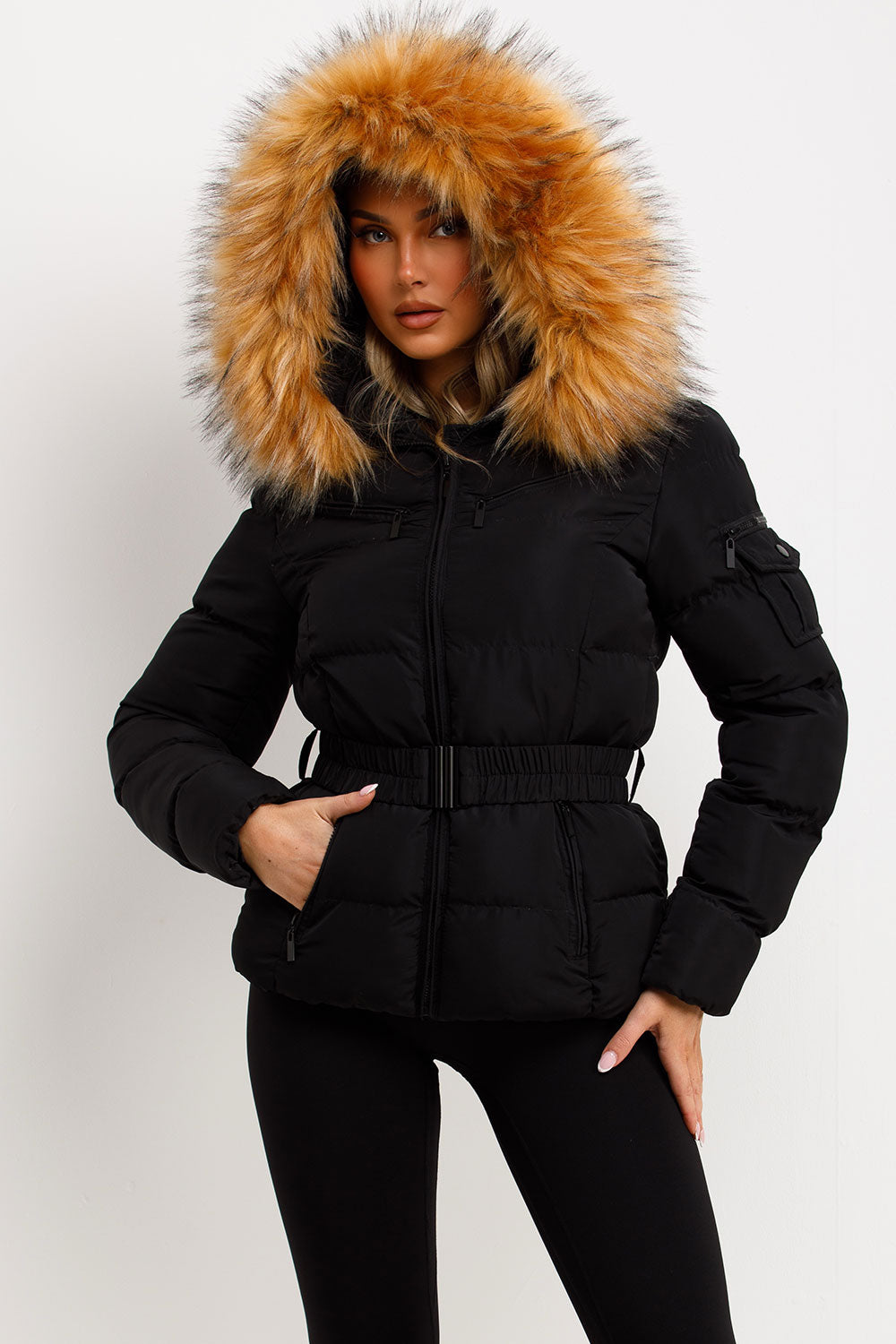 Lucille | Women’s belted faux fur hooded puffer jacket