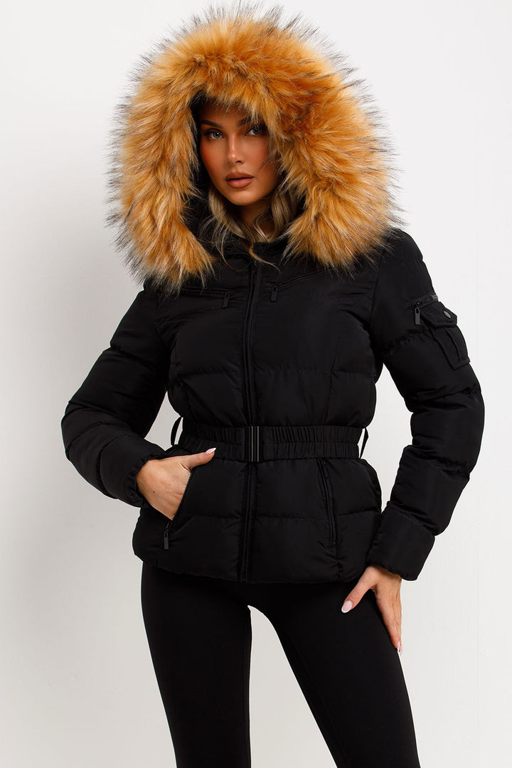 Lucille | Women’s belted faux fur hooded puffer jacket