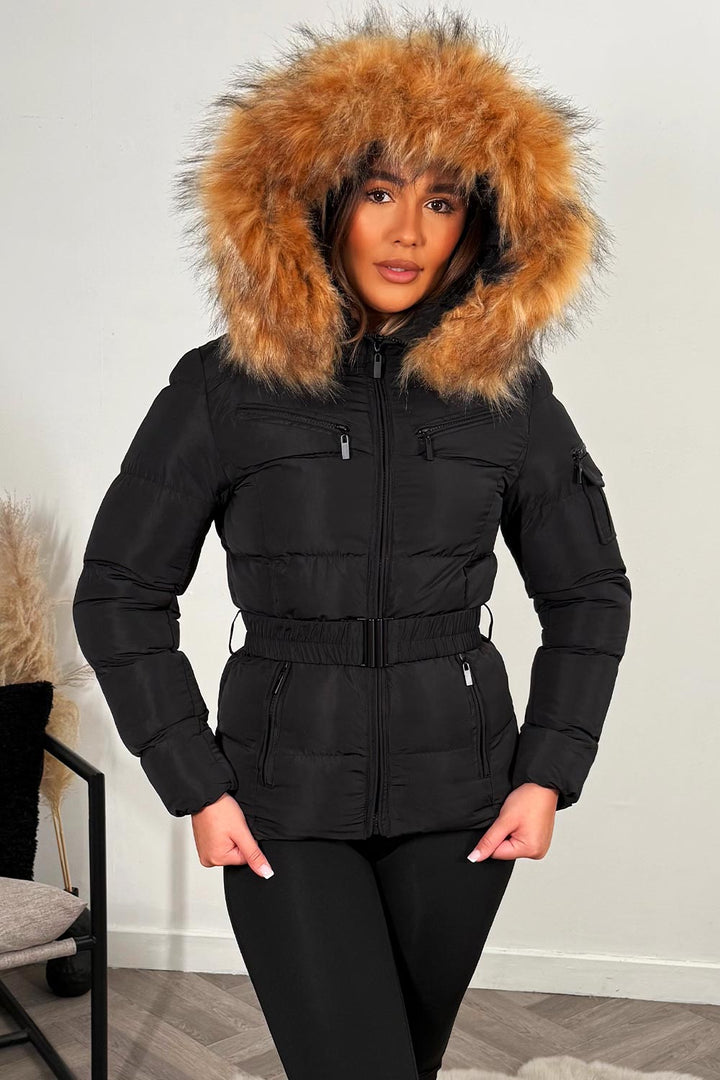Lucille | Women’s belted faux fur hooded puffer jacket