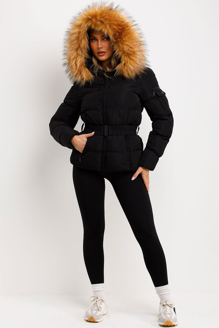 Lucille | Women’s belted faux fur hooded puffer jacket
