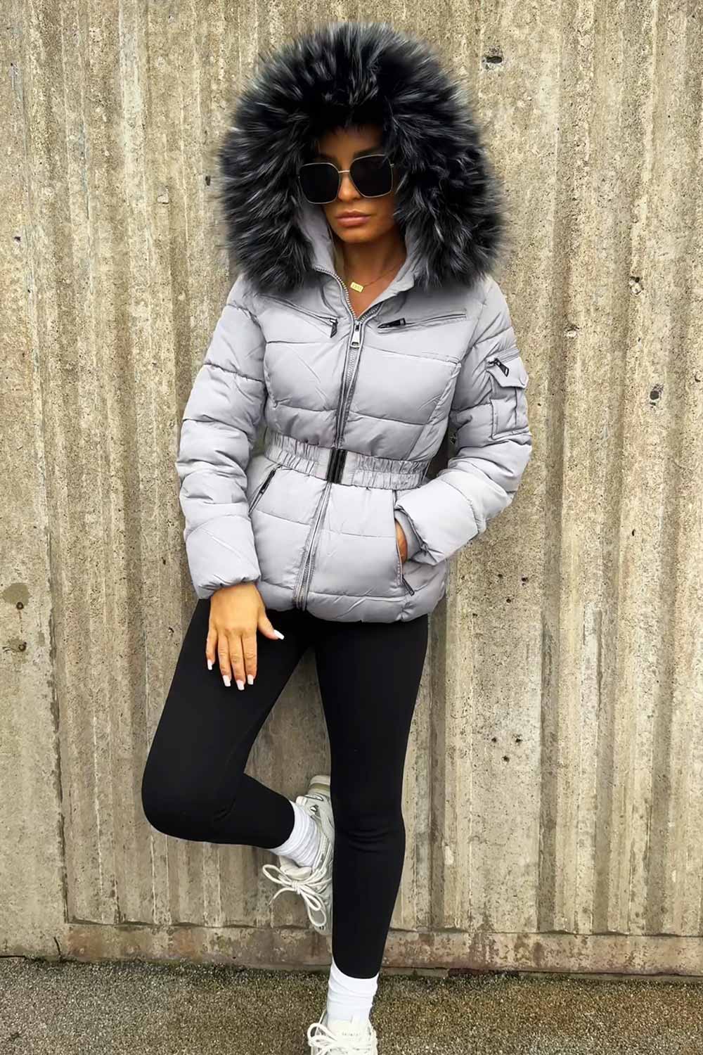 Cassidy | Women’s belted puffer jacket with detachable faux fur hood