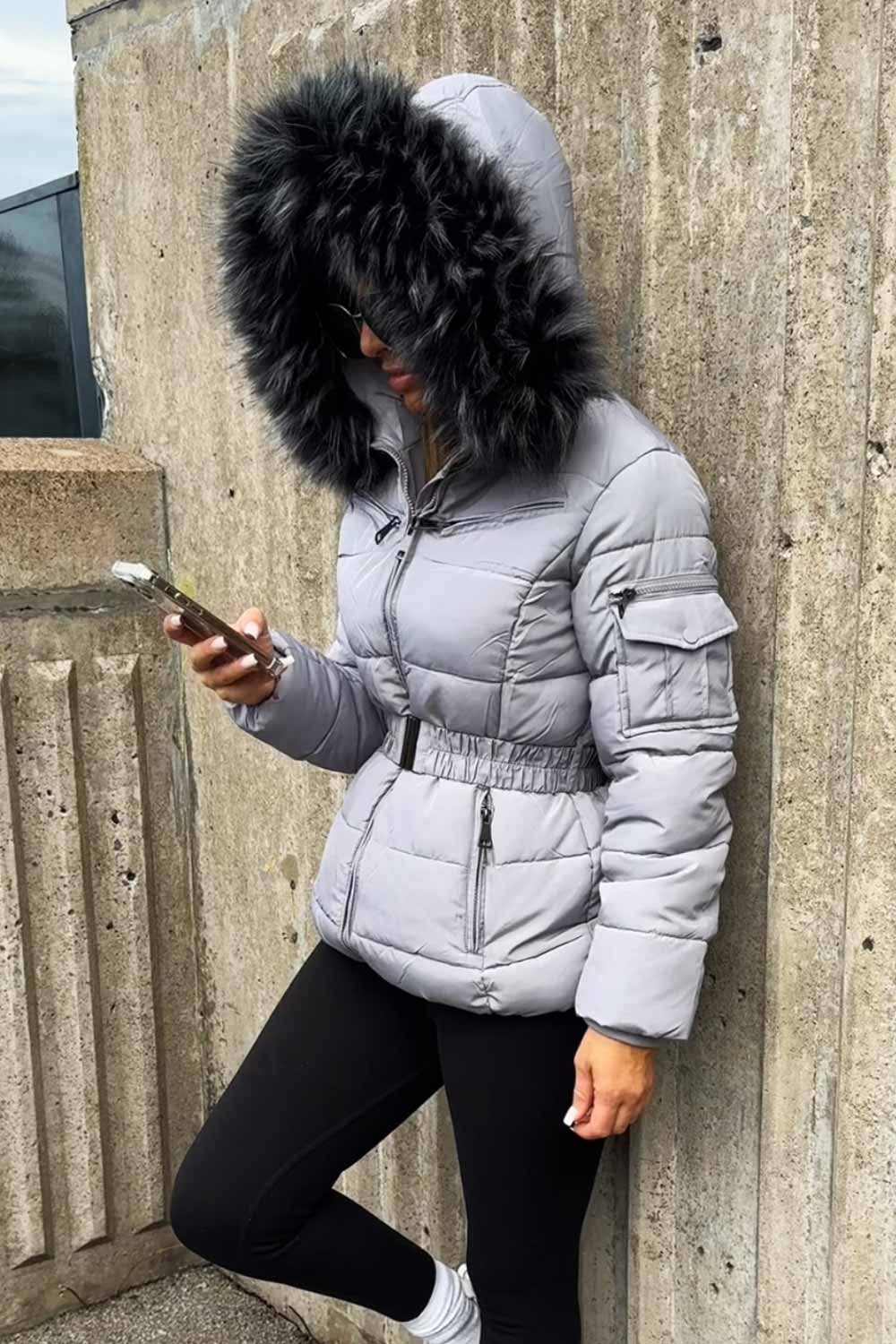 Cassidy | Women’s belted puffer jacket with detachable faux fur hood