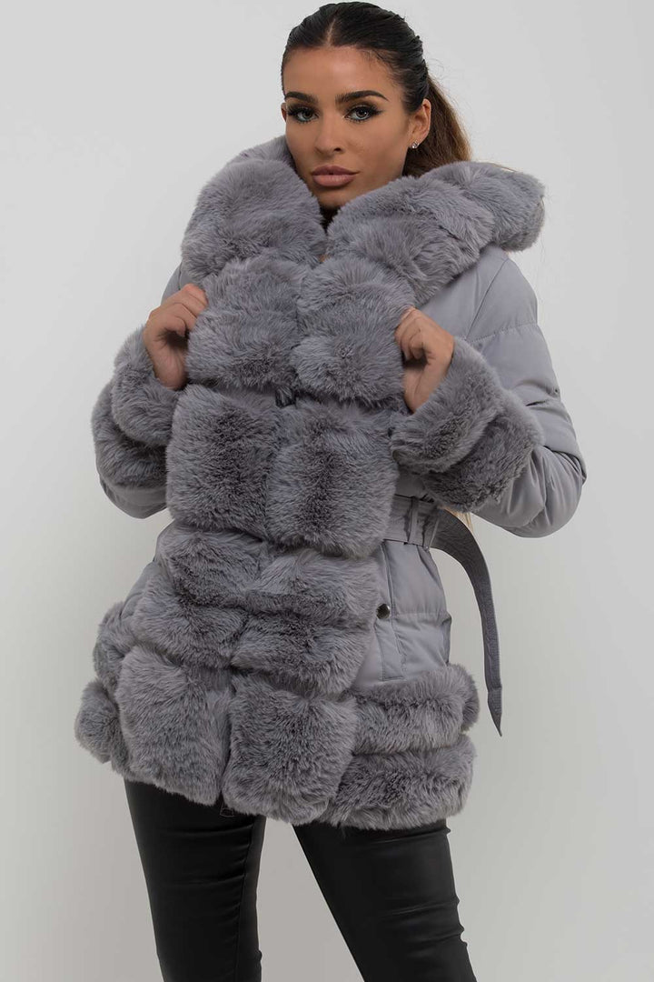 Chana | Women’s faux fur trim hooded puffer jacket with belt