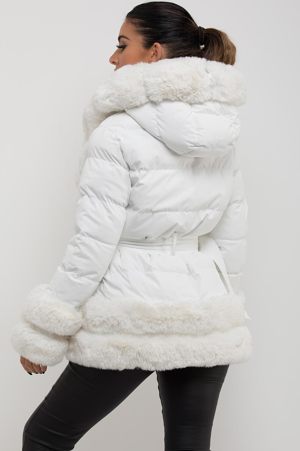 Marigold | Women’s faux fur trim hooded puffer jacket with belt