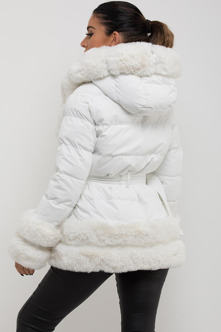Marigold | Women’s faux fur trim hooded puffer jacket with belt