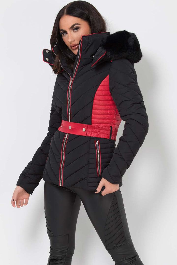 Karter | Women’s belted two-tone puffer jacket with luxe faux fur hood
