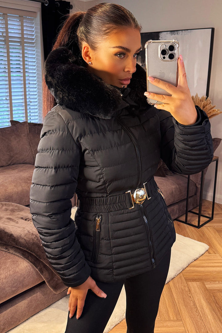 Ariel | Women’s faux fur hooded puffer jacket with gold belt