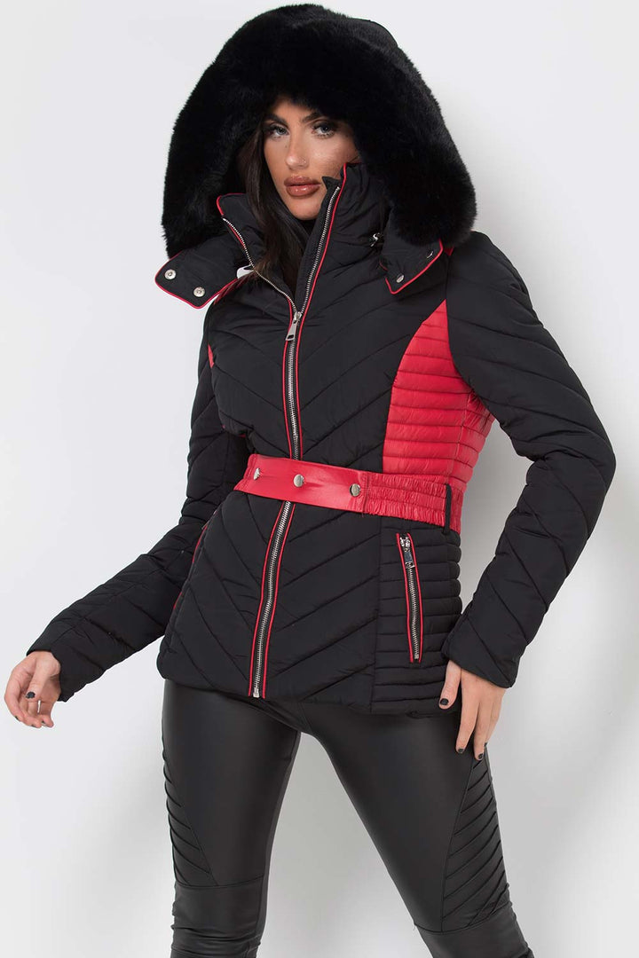 Karter | Women’s belted two-tone puffer jacket with luxe faux fur hood