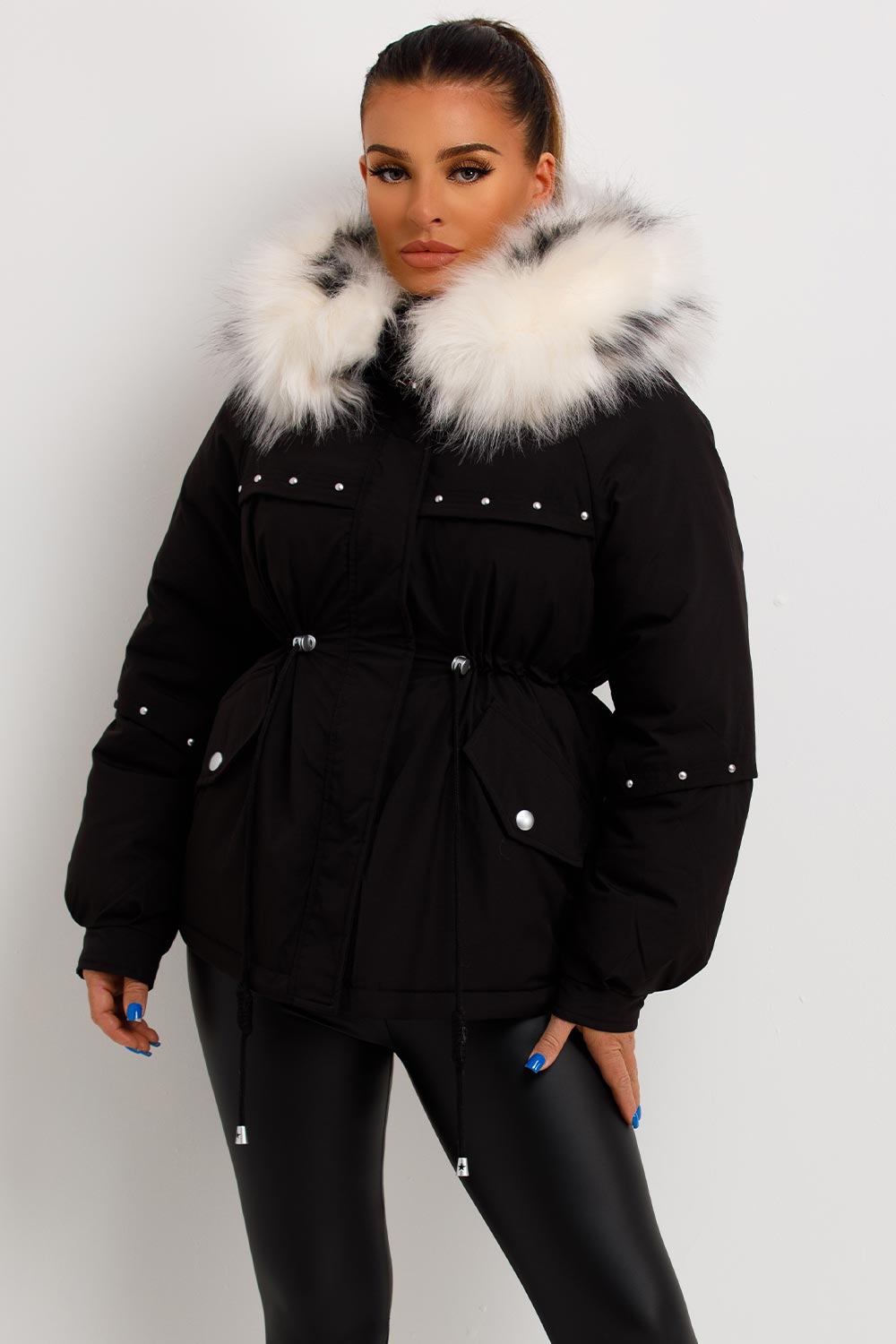Janelle | Women’s faux fur hood coat with stud detail