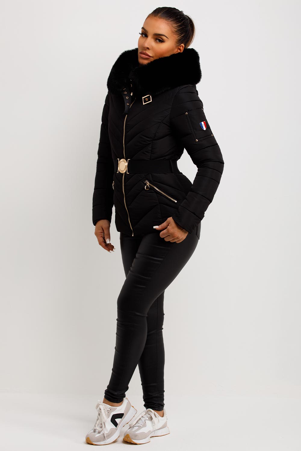 Michelle | Women’s luxe belted puffer jacket with faux fur hood