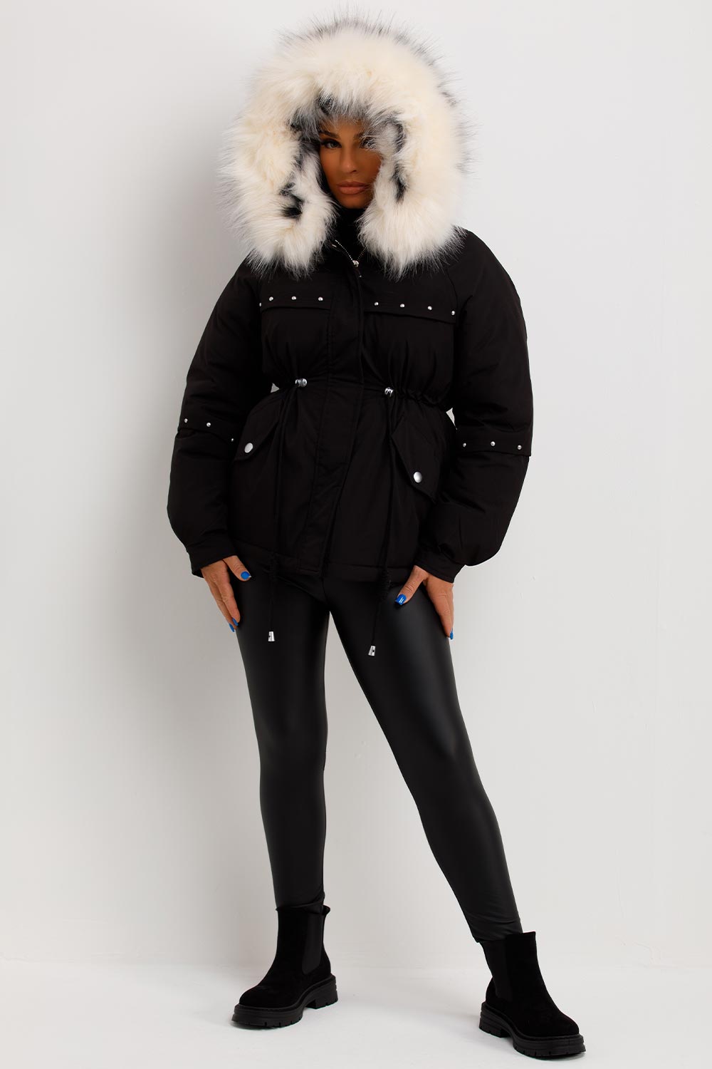 Janelle | Women’s faux fur hood coat with stud detail