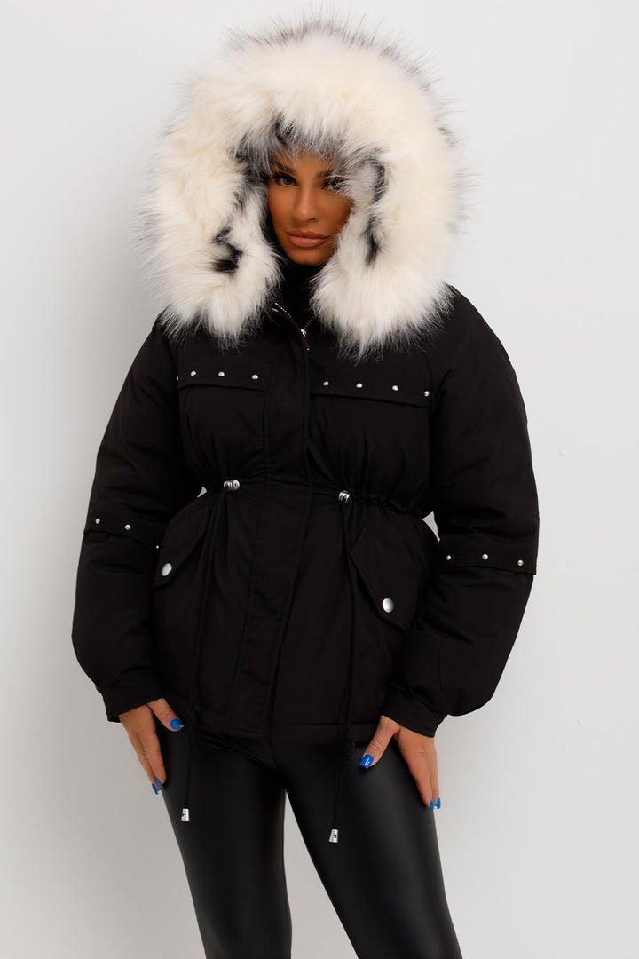 Janelle | Women’s faux fur hood coat with stud detail