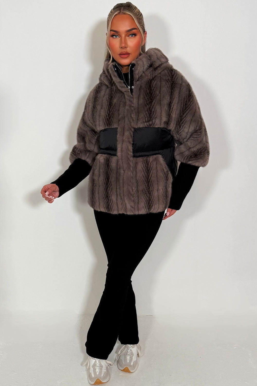 Halle | Women’s faux fur hooded jacket with contrast waist panel