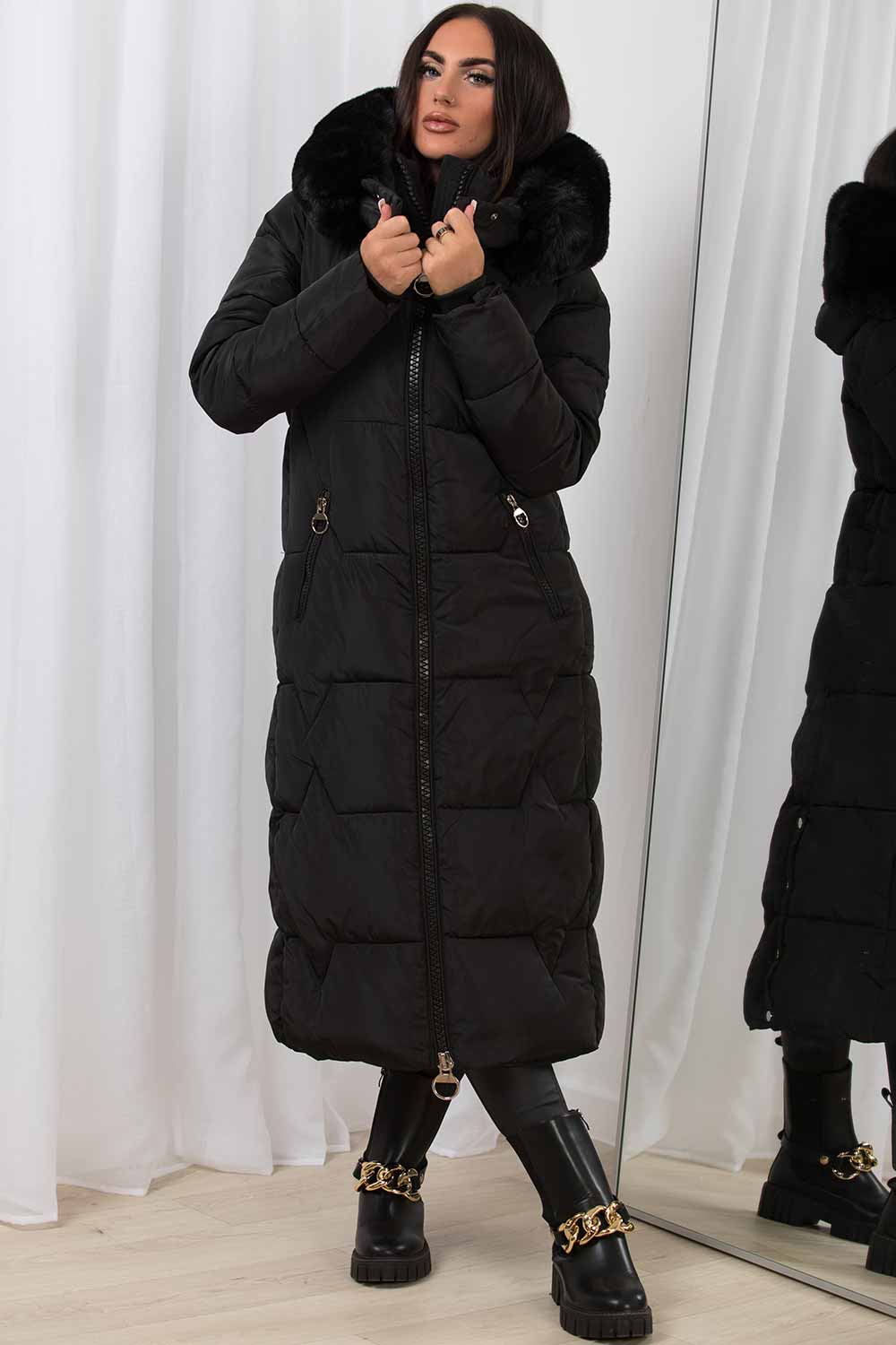 Maci | Women’s longline puffer coat with oversized faux fur hood