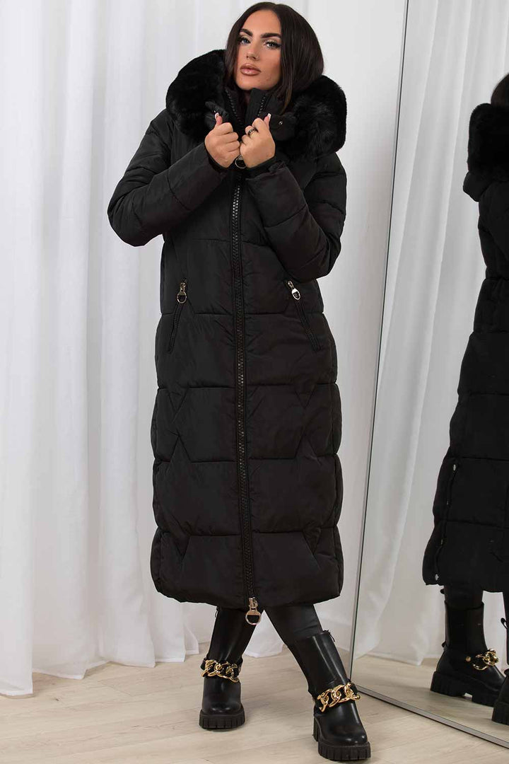 Maci | Women’s longline puffer coat with oversized faux fur hood