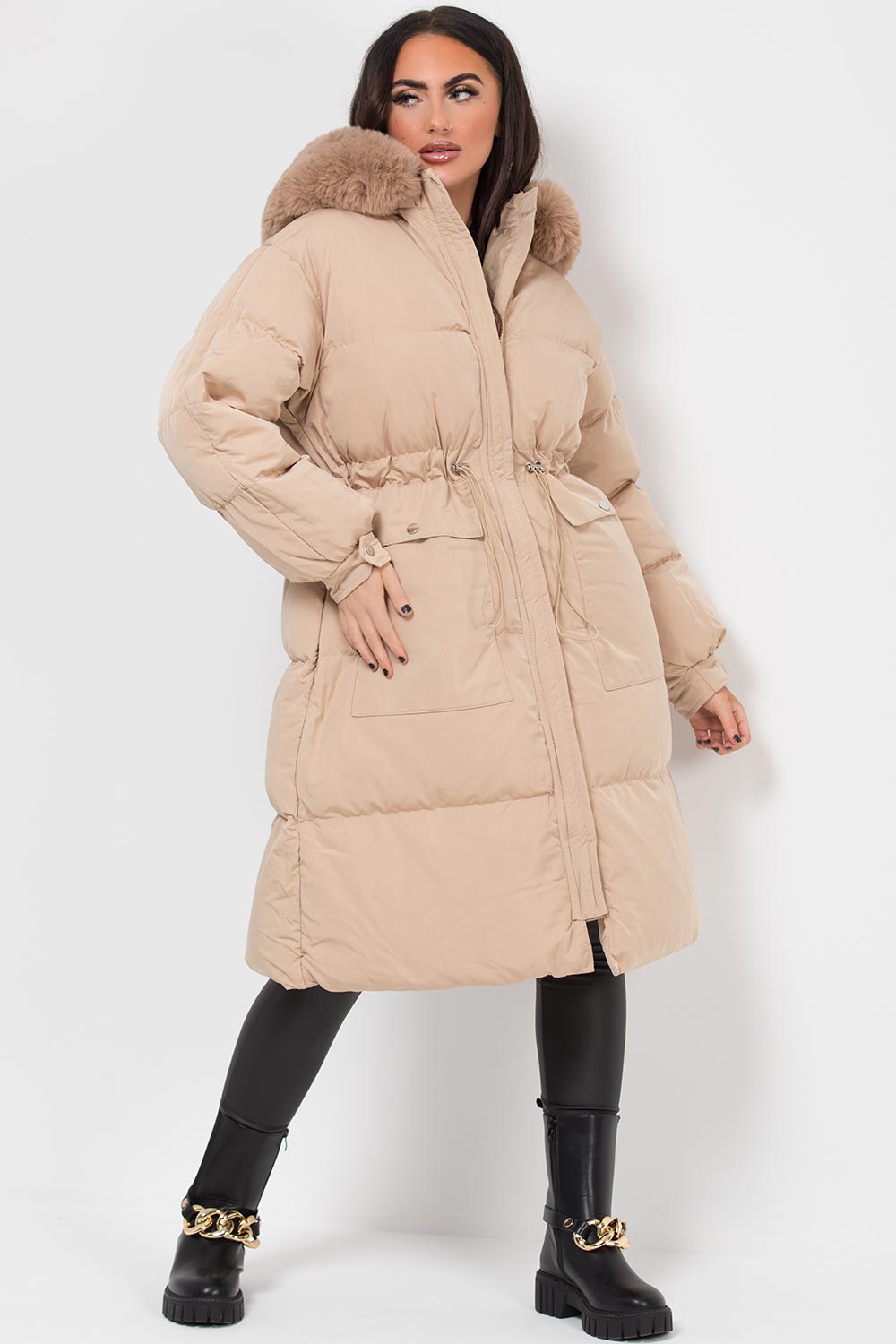 Jolie | Women's longline puffer coat with premium faux fur hood