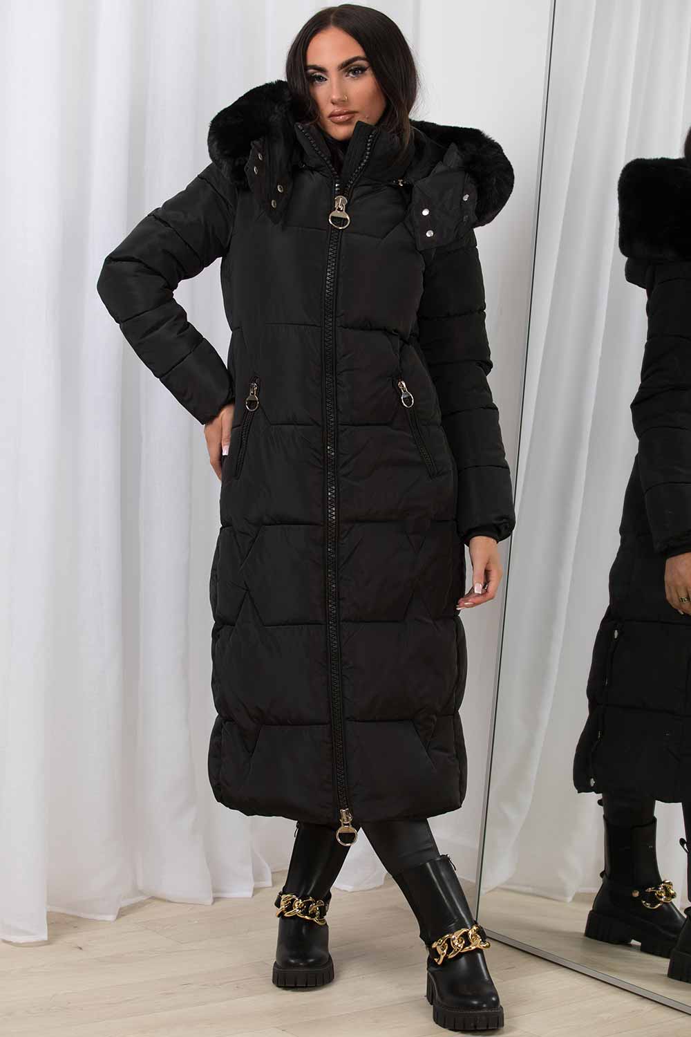 Maci | Women’s longline puffer coat with oversized faux fur hood
