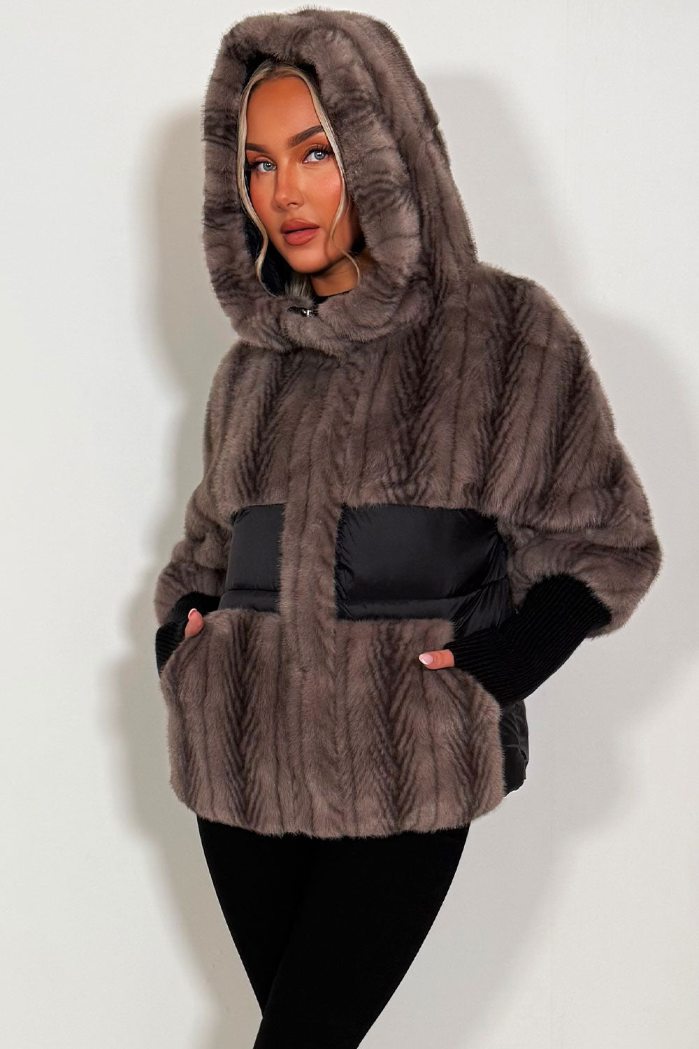 Halle | Women’s faux fur hooded jacket with contrast waist panel