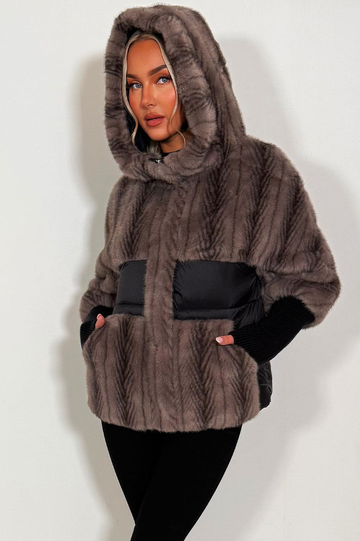 Halle | Women’s faux fur hooded jacket with contrast waist panel