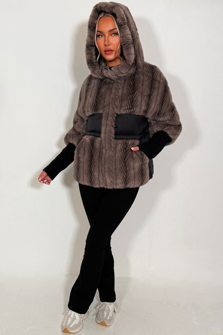 Halle | Women’s faux fur hooded jacket with contrast waist panel