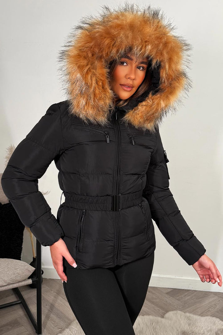 Lucille | Women’s belted faux fur hooded puffer jacket