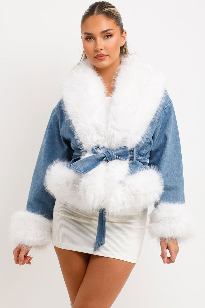 Dayana | women’s faux fur trimmed denim jacket with belt